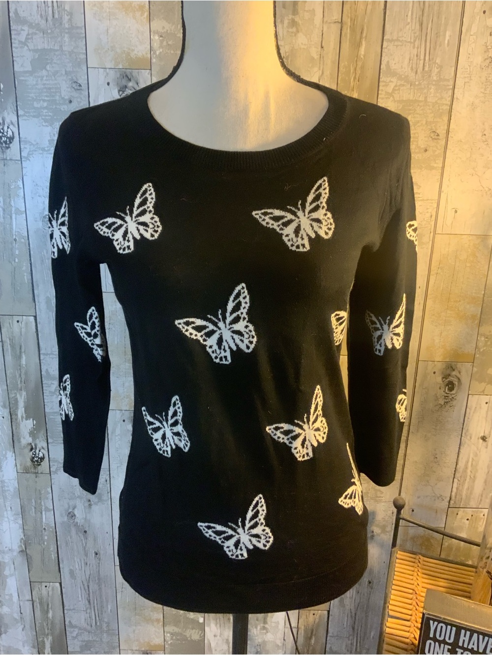 Talbots Black Sweater with White Butterfly Motif